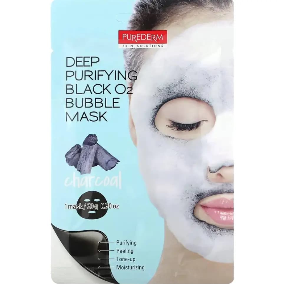 ماسک حبابی پاک کننده عمیق ولایه بردار زغالی پیوردرم کره Purederm Black O2 Bubble Mask — تصویر ۲