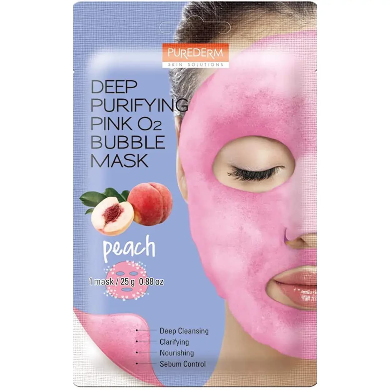ماسک ورقه‌ای حبابی روشن کننده و آبرسان اکسیژن پیوردرم عصاره هلو 25 گرم Purederm Deep Purifying Pink O2 Bubble Mask — تصویر ۲
