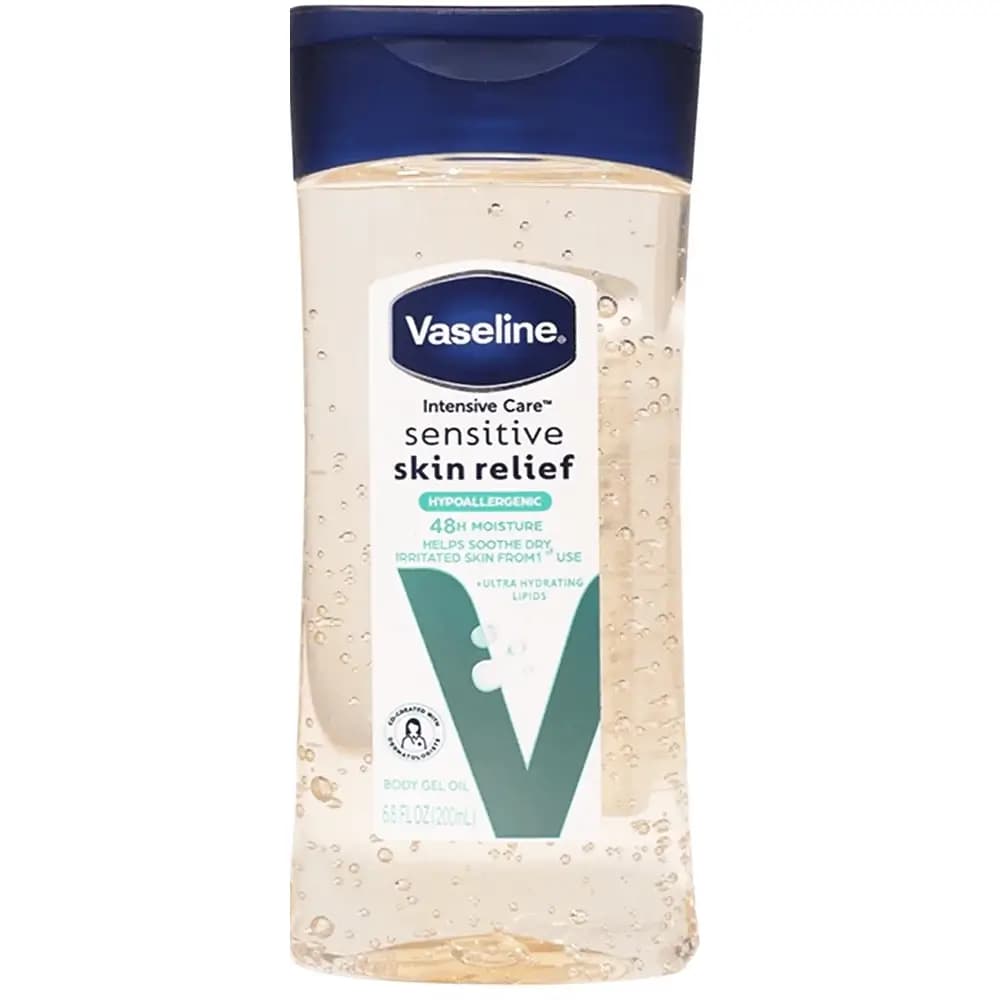 روغن بدن ژلی وازلین ۲۰۰ میل تسکین‌دهنده و براق‌کننده Vaseline Sensitive Skin Relief Body Gel Oil