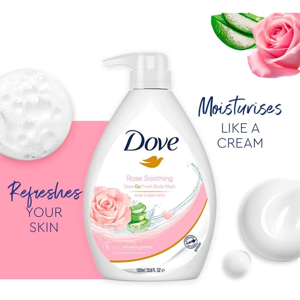 شامپو بدن داو Dove مدل Rose Soothing با عصاره گل رز و آلوئهورا حجم 1 لیتری — تصویر ۴
