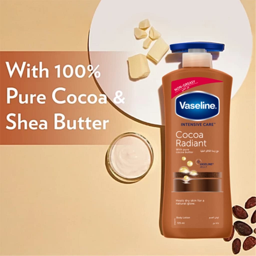 لوسیون بدن وازلین مدل Cocoa Radiant حاوی کره کاکائو حجم 725 میلی‌لیتر — تصویر ۵