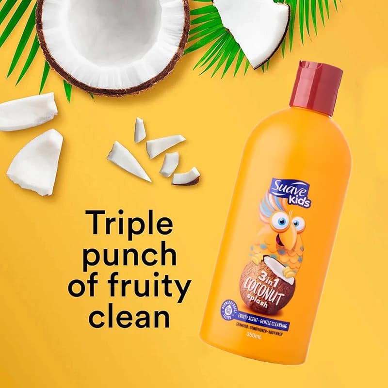 شامپو ، نرم‌کننده و شوینده بدن کودک نارگیل سواو Suave Kids 3 in 1 Coconut — تصویر ۴