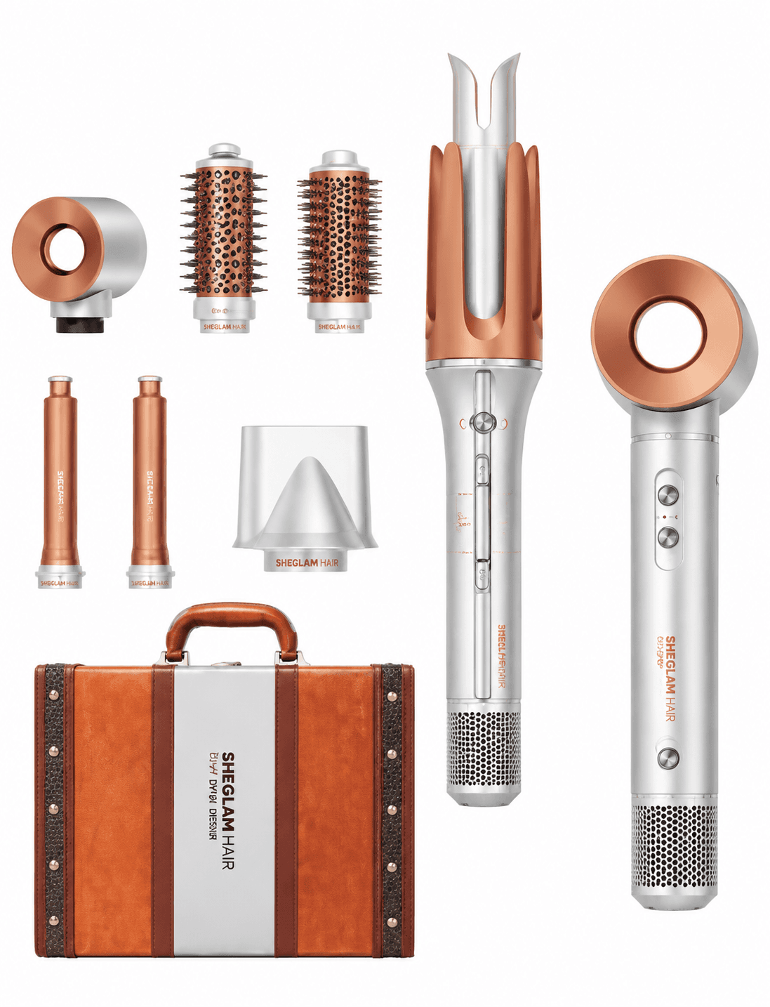 پک سشوار چندکاره شیگلم با 6 سری مشابهه دایسون 2000 وات بهمراه کرلی شیگلم مدل Dyson Design با موتور BLDC داخل چمدان چرم