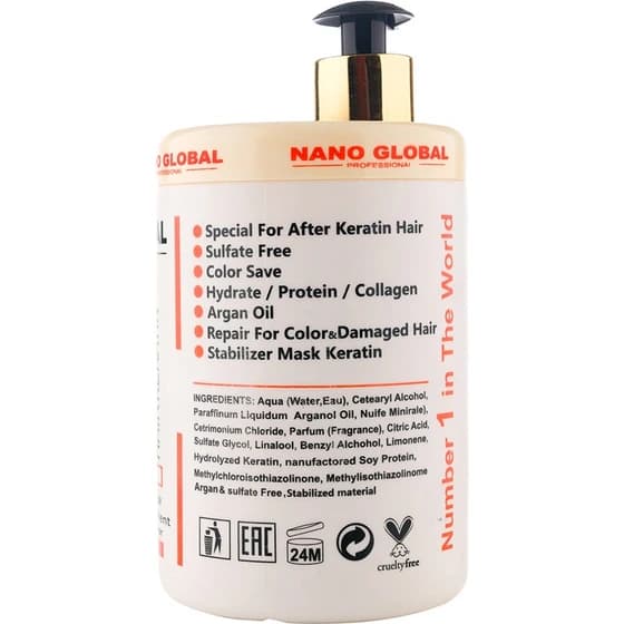 ماسک مو فاقد سولفات تثبیت کننده نانو گلوبال Nano Global مدل سفید مخصوص موهای کراتین شده Nano Global Stabilizer حجم 1000 میل — تصویر ۷