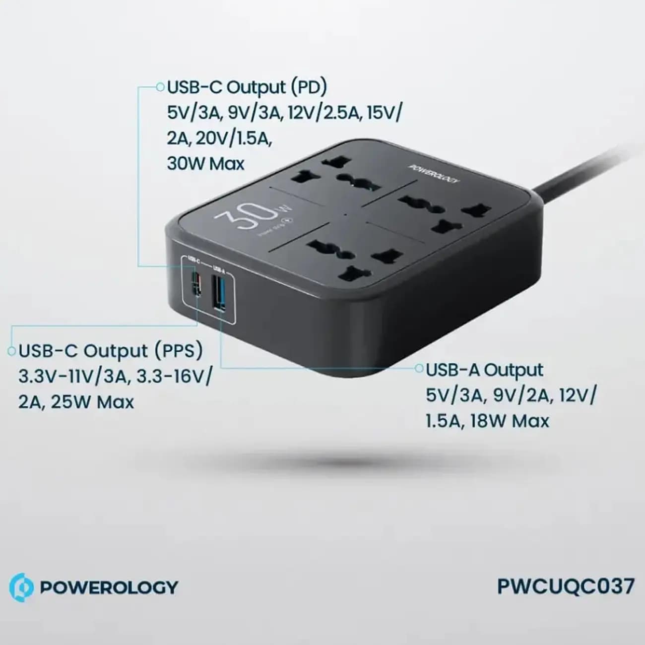 چند راهی و محافظ برق 3250 وات سه سوکت، یک USB و یک تایپ‌سی پاورولوژی PWCUQC037 — تصویر ۱۲