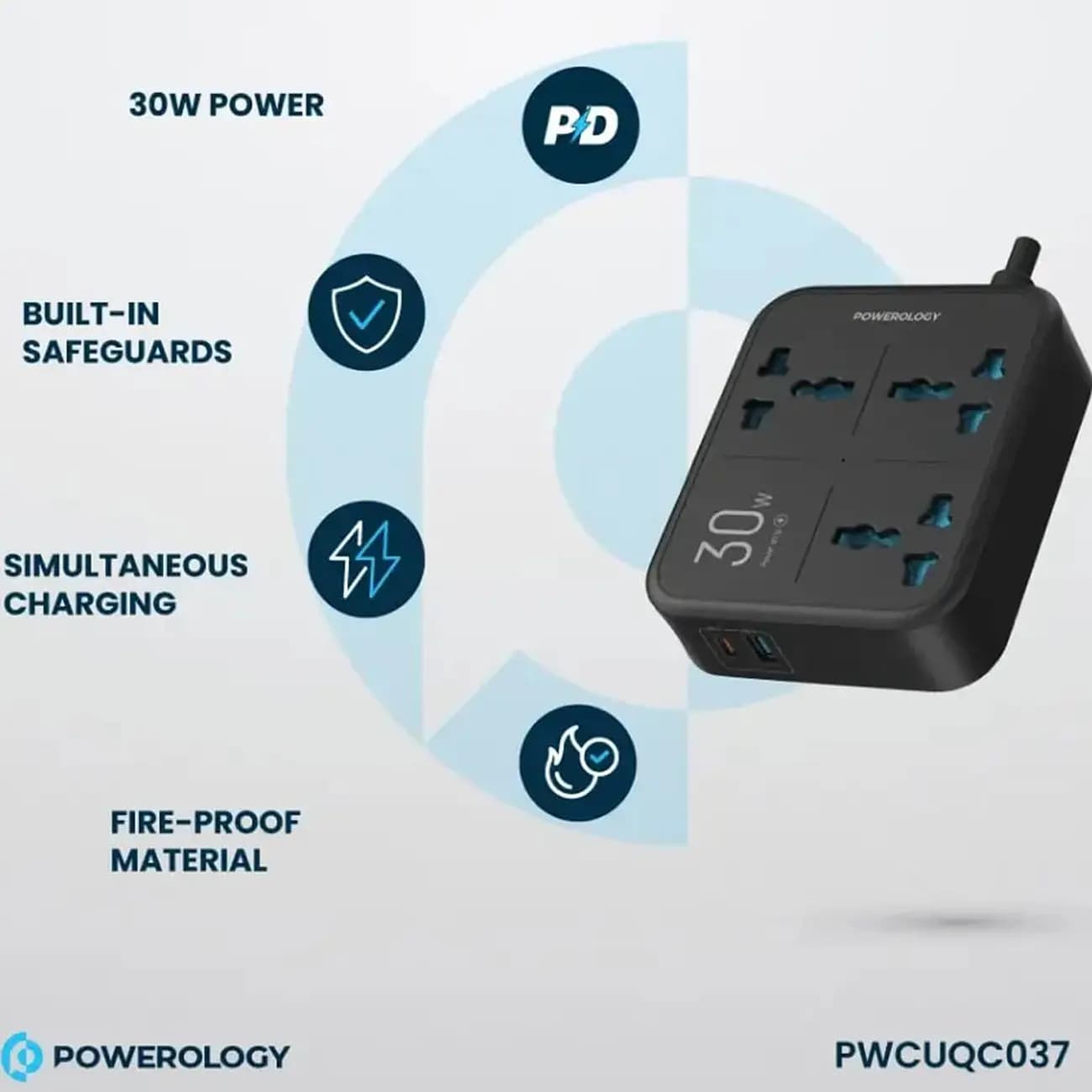 چند راهی و محافظ برق 3250 وات سه سوکت، یک USB و یک تایپ‌سی پاورولوژی PWCUQC037 — تصویر ۱۱