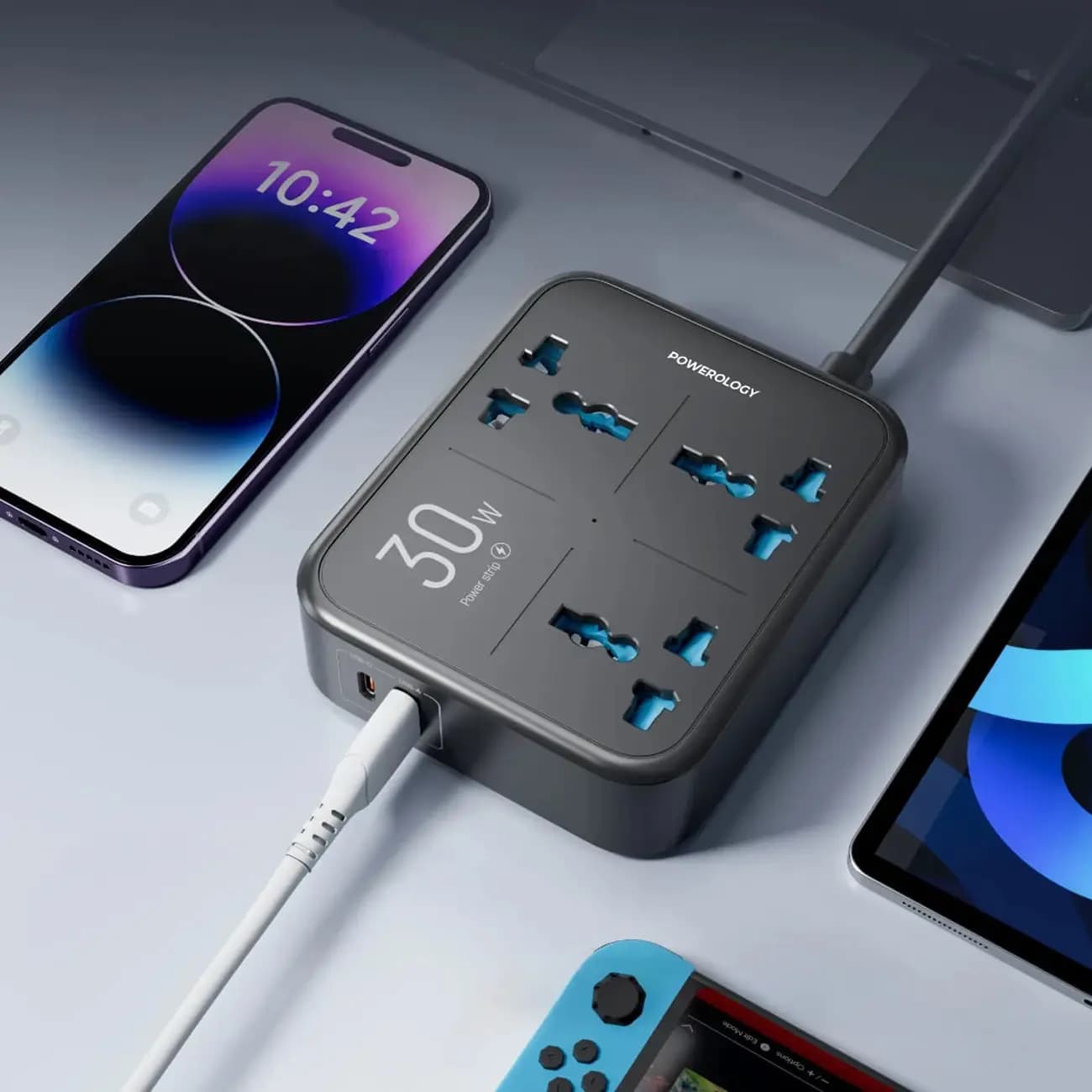 چند راهی و محافظ برق 3250 وات سه سوکت، یک USB و یک تایپ‌سی پاورولوژی PWCUQC037