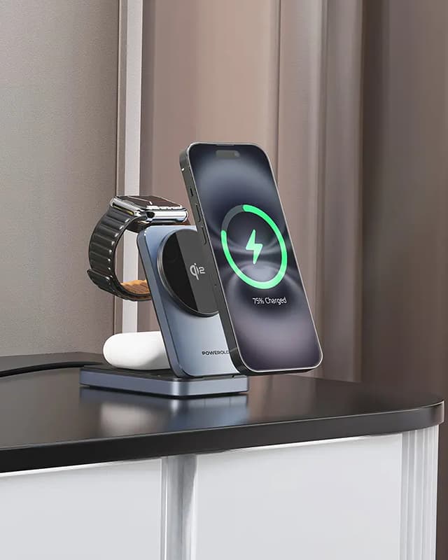 شارژر وایرلس 3 در 1 پاوررولوژی Powerology Qi2 Fast Charging Multi-Device Hub PWCUQC033 — تصویر ۱۲
