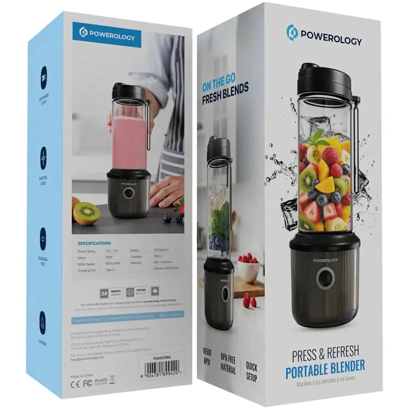 مخلوط‌ کن و اسموتی‌ساز شارژی 450 میلی‌لیتری 126 وات پاورولوژی Powerology PSM013 Press & Refresh Portable Blender — تصویر ۲