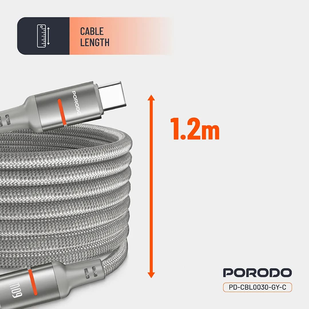 کابل مگنتی تایپ سی به تایپ سی 60 وات پرودو Porodo PD-CBL0030 60W Type-C to Type-C Magnetic Braided Cable — تصویر ۵