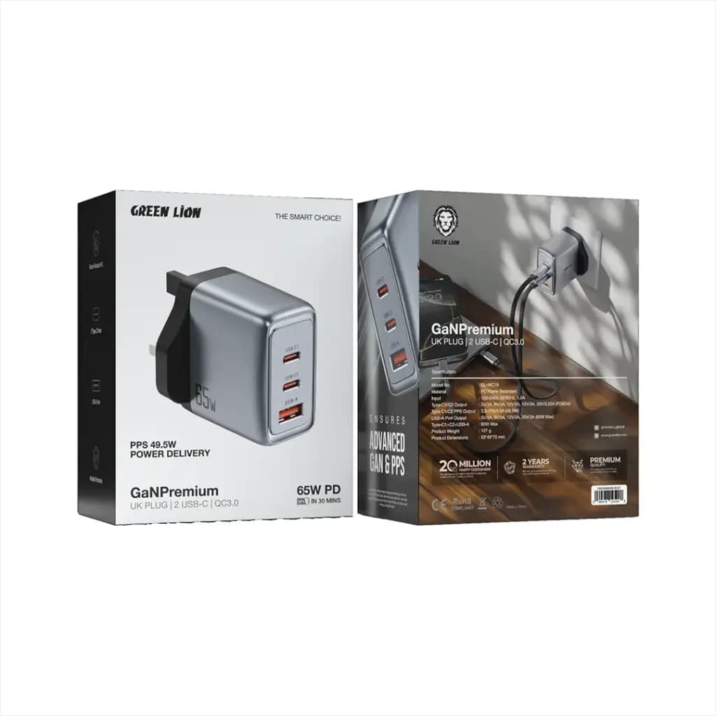 شارژر دیواری گرین لاین Green Lion GNGAN65WUK GaN Premium UK Plug Wall Charger 65W — تصویر ۶