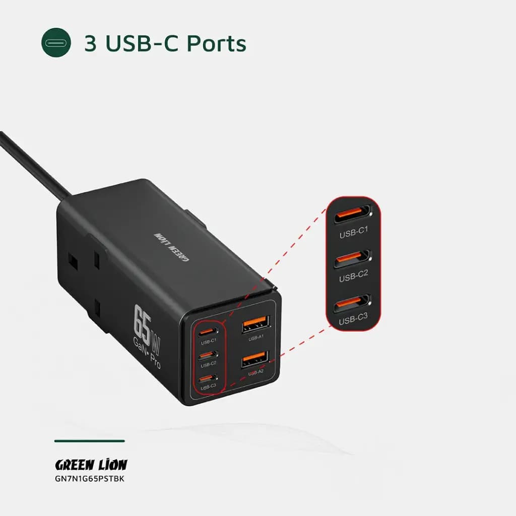 هاب شارژر گرین لاین Green Lion GN7N1G65PST 7 In 1 GaN 65W Power Strip — تصویر ۱۱
