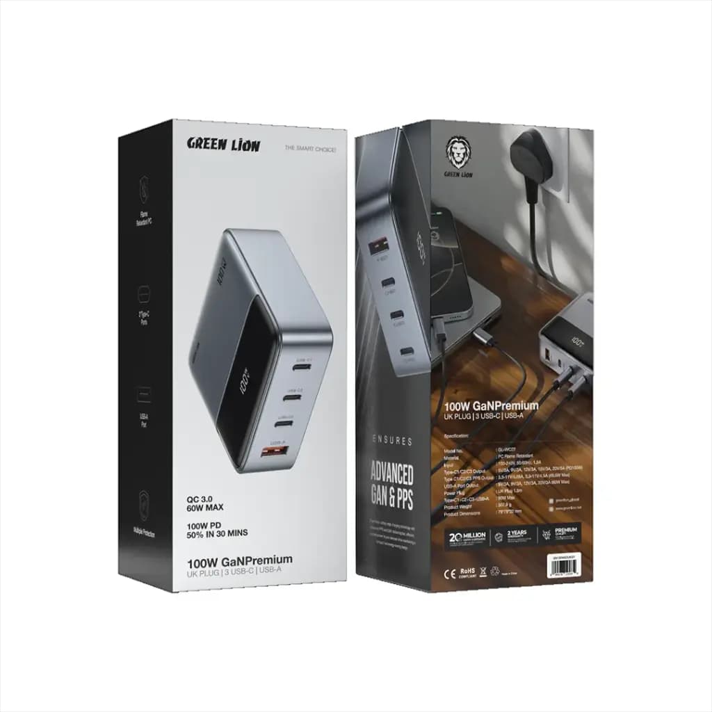 هاب شارژر رومیزی گرین لاین Green Lion GN100WADUK 100W GaN Premium UK Plug Adapter — تصویر ۷