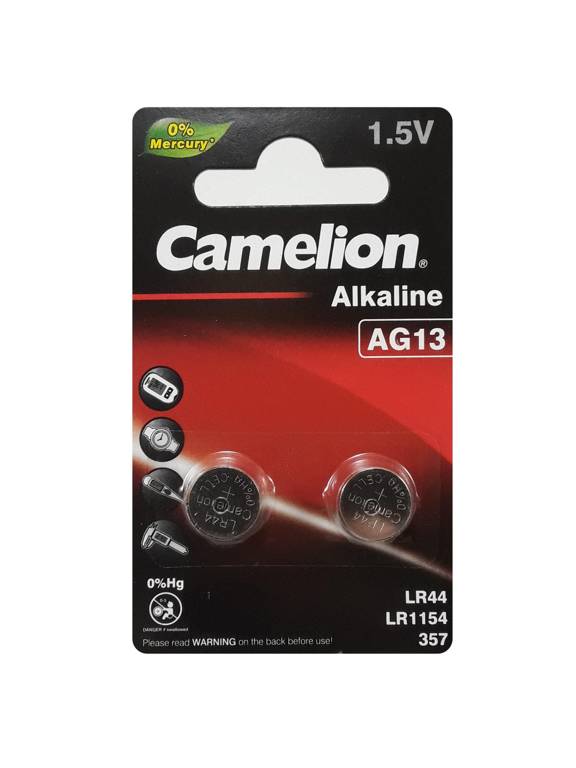 باتری ساعتی آلکالاین AG13 کملیون بسته دوتایی | 1.5 ولت | LR44 | LR1154 | Camelion