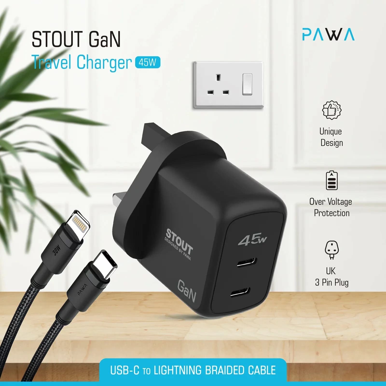 شارژر دیواری 45 وات پاوا مدل Stout Gan Travel Charge به همراه کابل USB-C به لایتنینگ — تصویر ۴