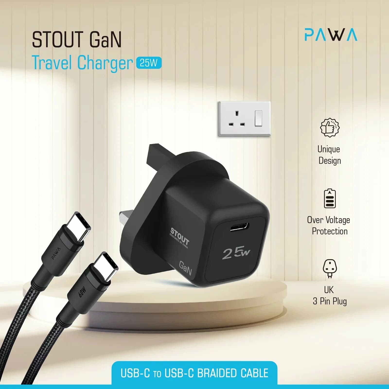 شارژر دیواری 25 وات پاوا مدل Stout GaN Travel Charger به همراه کابل USB-C — تصویر ۴