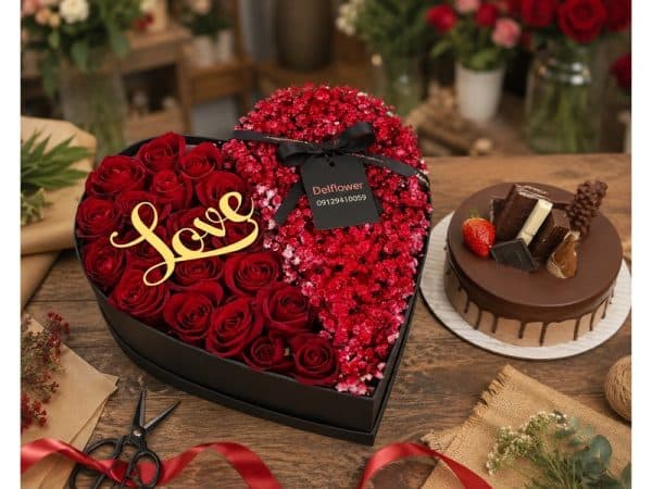 باکس گل و کیک جشن اولین عروس کار – گل فروشی آنلاین تهران | باکس گل | دسته گل | گل تولد | گل ترحیم — تصویر ۳