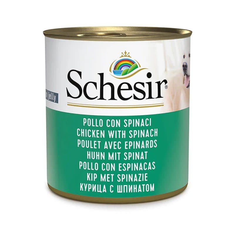 کنسرو سگ شسیر با طعم مرغ و اسفناج در ژله وزن 285 گرم