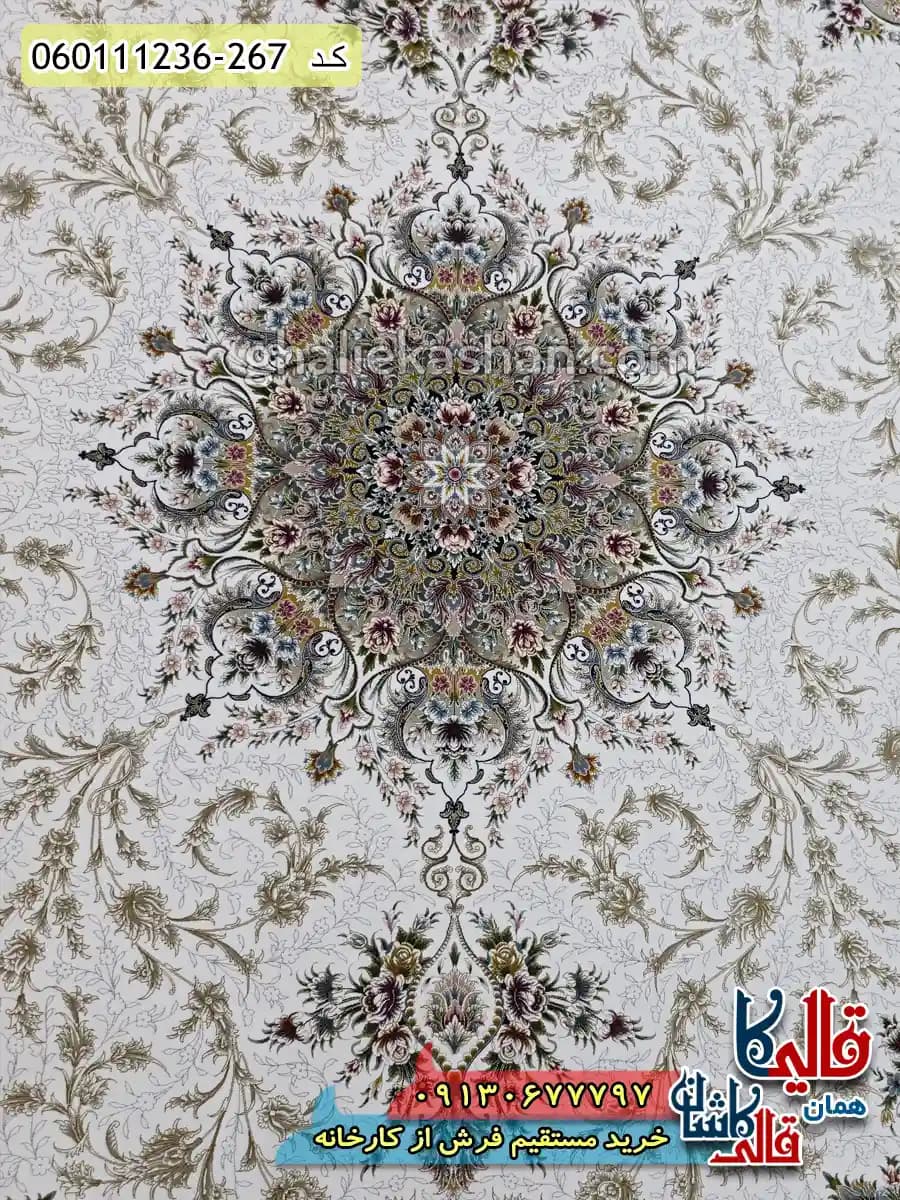 فرش 1200 شانه خشتی طرح وانیار رنگ کرم صدفی گل برجسته کاشان — تصویر ۵