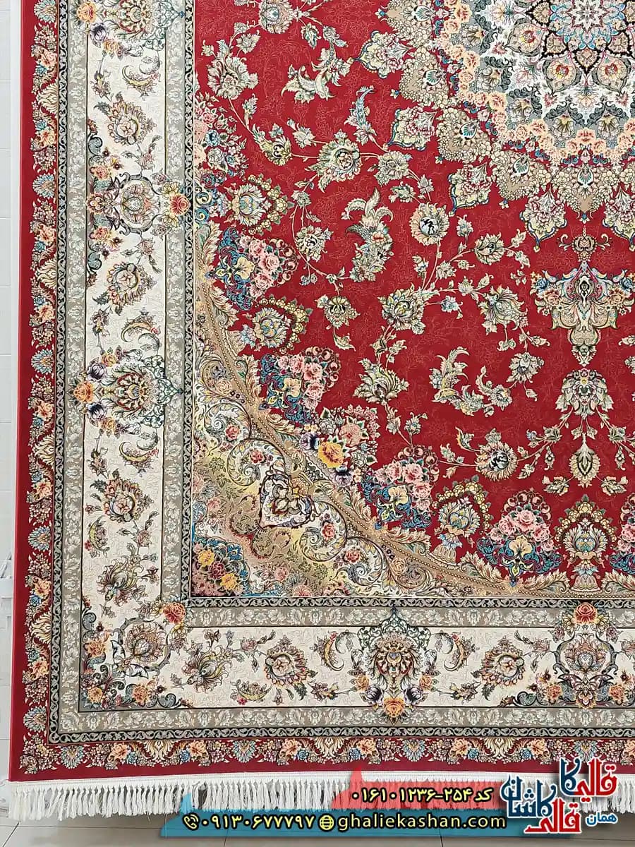فرش 1200 شانه طرح شهریار رنگ قرمز لاکی کاشان — تصویر ۴