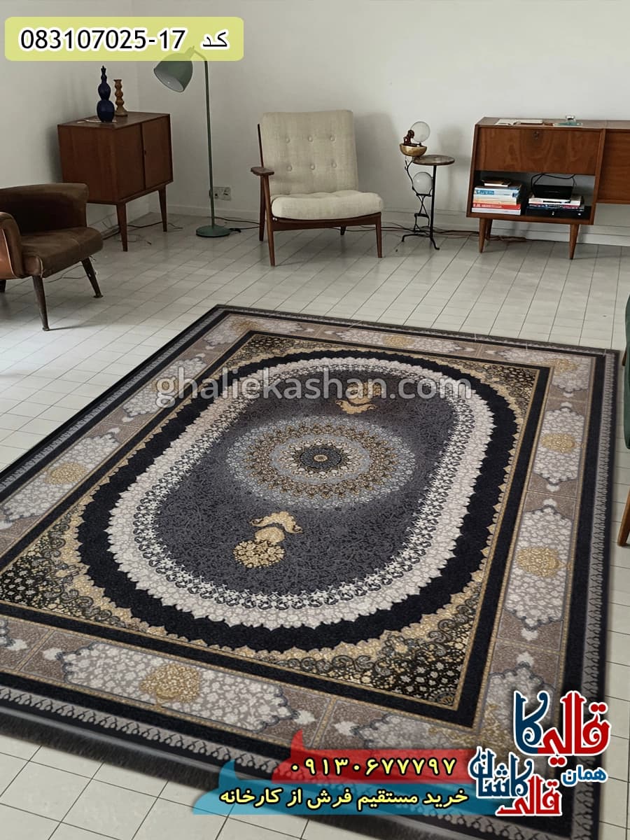 فرش طلاکوب 700 شانه طرح صدرا زمینه دودی کاشان — تصویر ۲