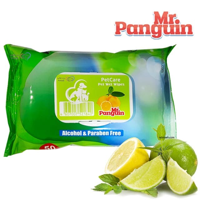 دستمال مرطوب پاکتی برند مستر پنگوئن Mr. Panguin با رایحه لیمو تعداد 50 برگی
