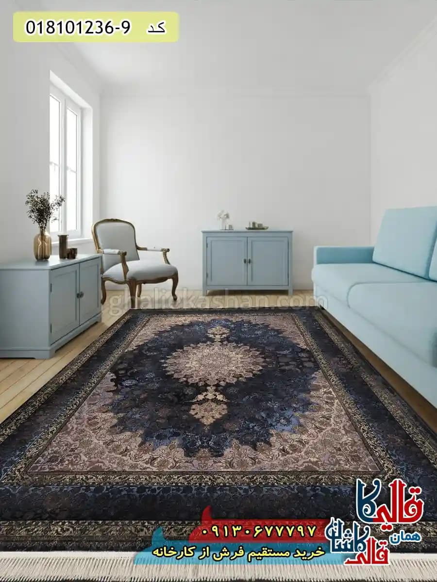 فرش طلاکوب وینتیج 1200 شانه طرح اصفهان زمینه سرمه ای کاشان — تصویر ۷