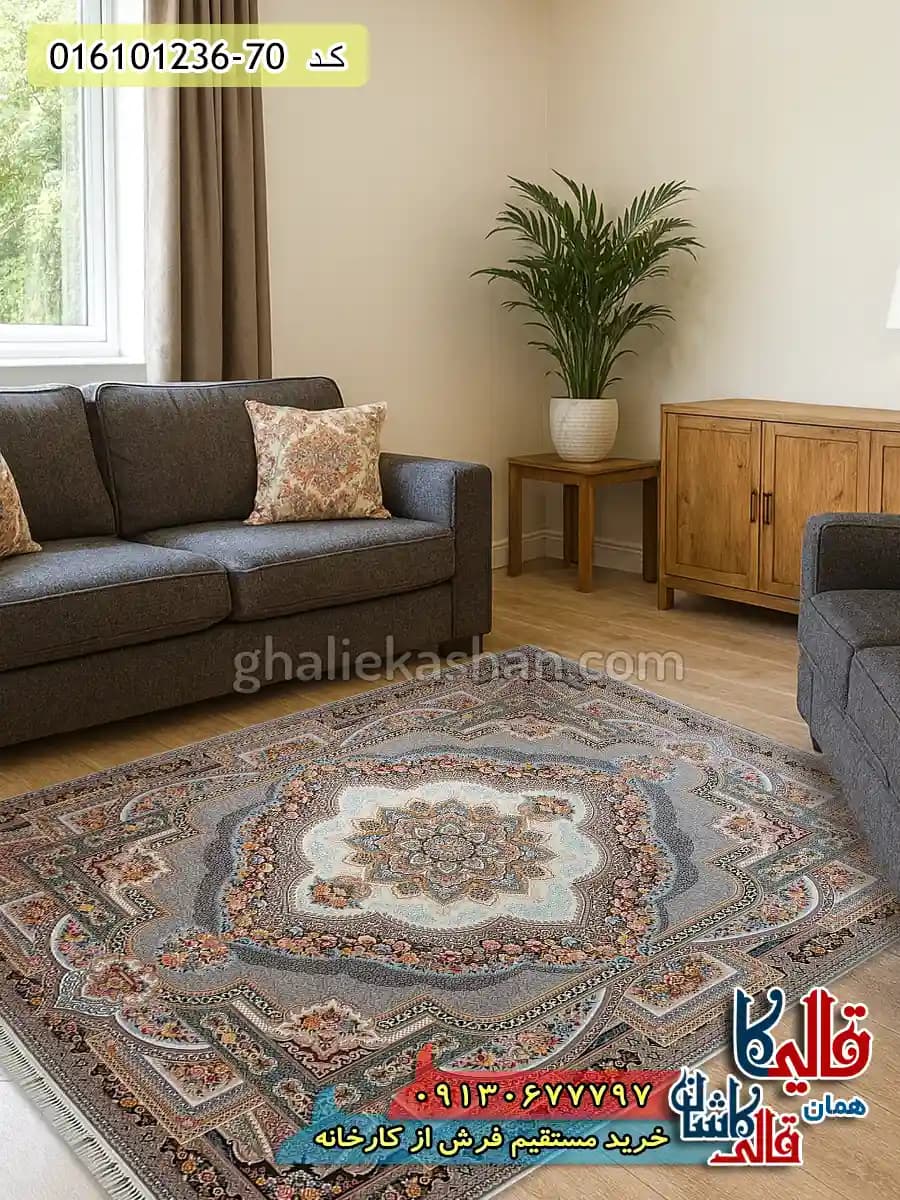 فرش 1200 شانه طرح باغ معلق رنگ طوسی نقره ای کاشان — تصویر ۲