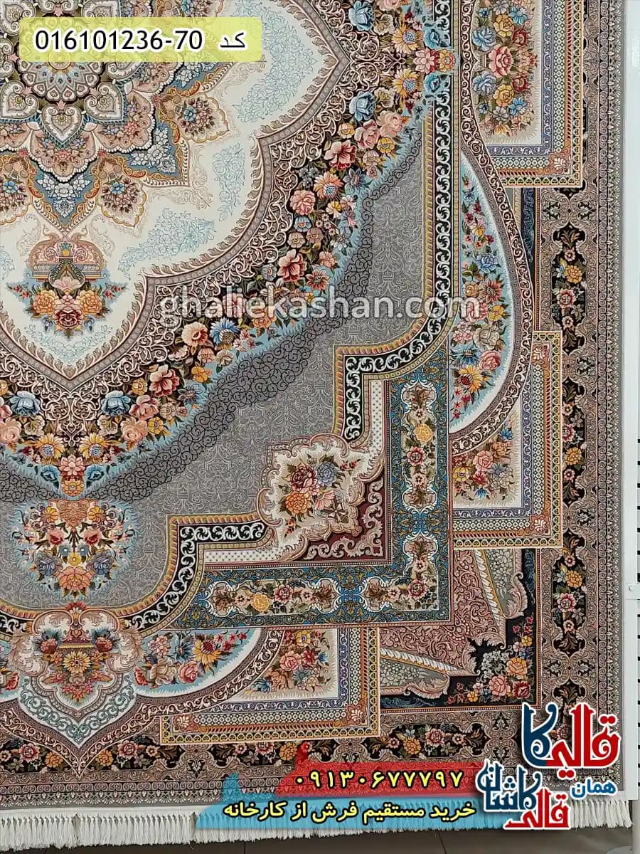 فرش 1200 شانه طرح باغ معلق رنگ طوسی نقره ای کاشان — تصویر ۹