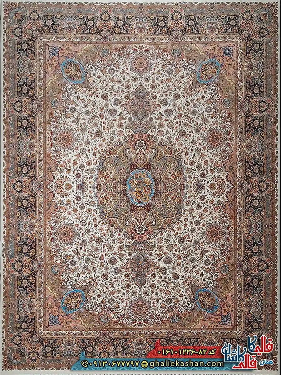 فرش 1200 شانه اصیل طرح تبریز رنگ کرم کاشان — تصویر ۳