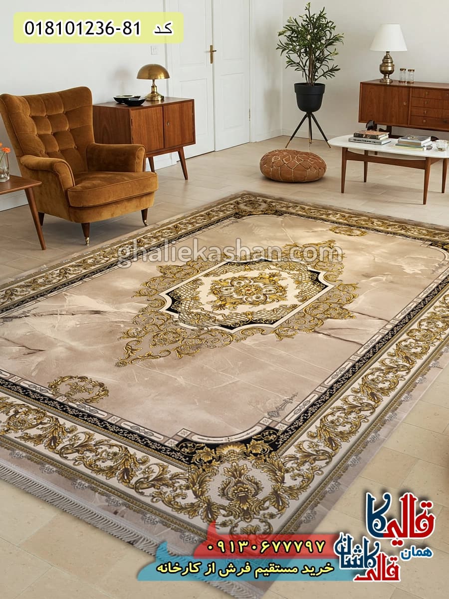 فرش طلاکوب 1200 شانه طرح رزیتا زمینه بادامی کاشان — تصویر ۷