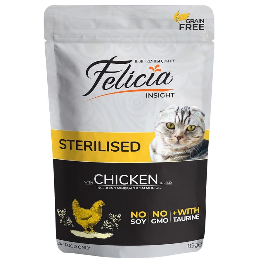 پوچ گربه بالغ عقیم شده فلیسیا Felicia طعم مرغ وزن 85 گرم