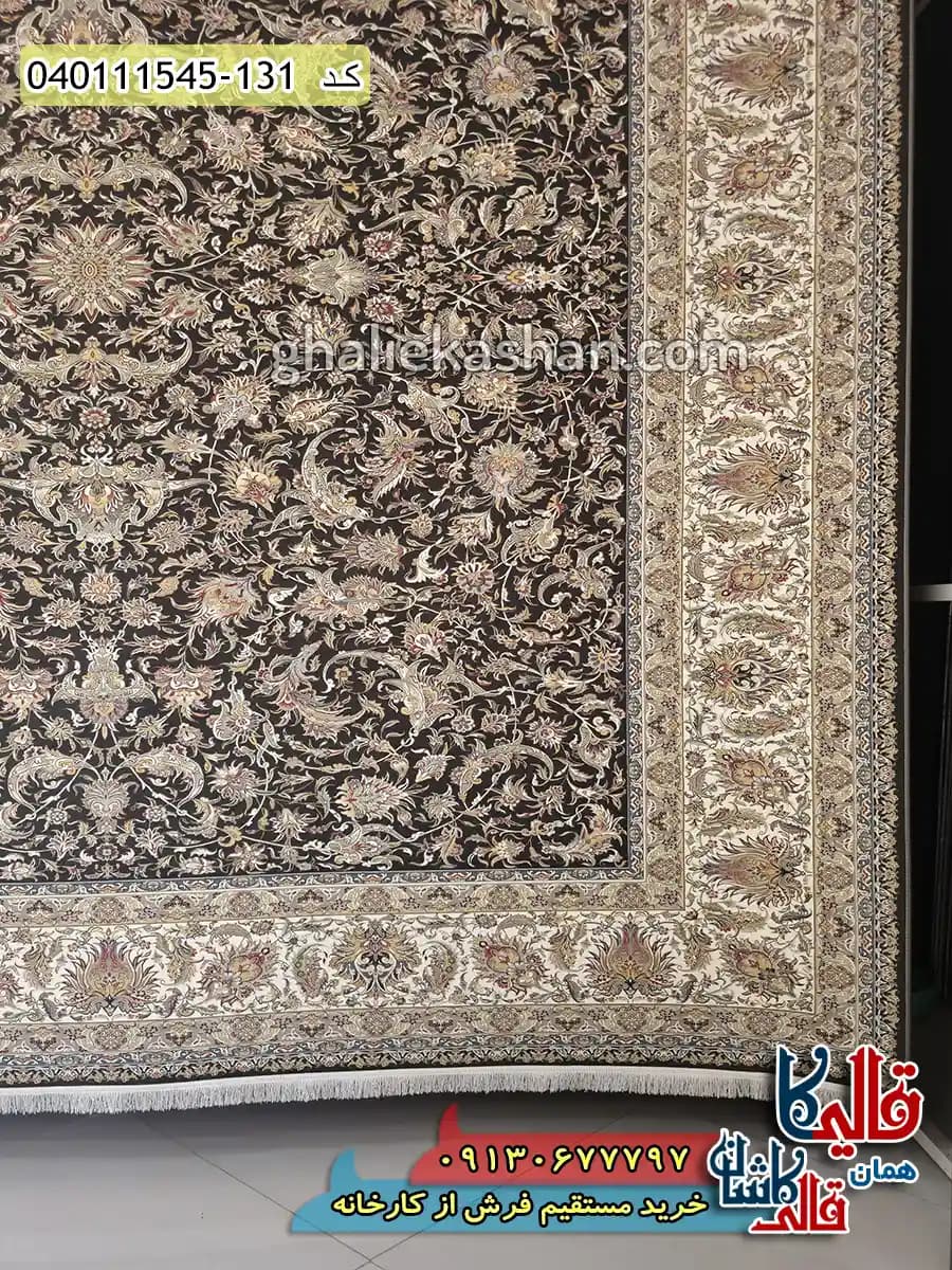 فرش 1500 شانه طرح افشان درباری رنگ سرمه ای گل برجسته کاشان — تصویر ۴
