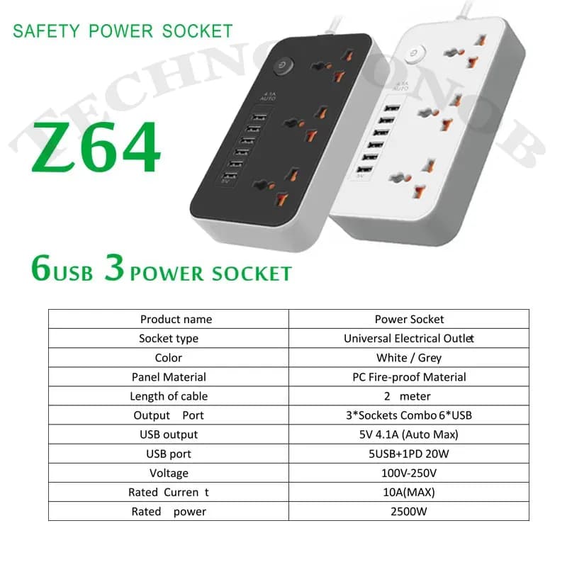 چندراهی برق مدل Power Socket Z64 | دارای 6 عدد USB — تصویر ۶