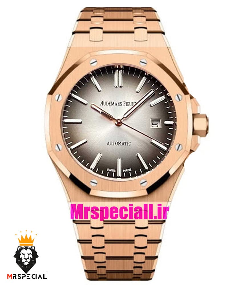 ساعت مچی مردانه اودمار پیگه اتوماتیک رزگلد صفحه طوسی AUDEMARS PIGUET ROYAL 0961