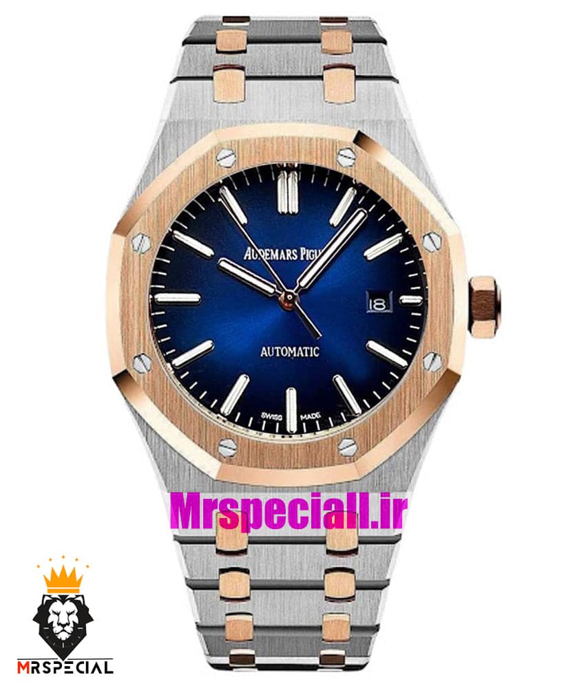 ساعت مچی مردانه اودمار پیگه اتوماتیک دو رنگ رزگلد صفحه ابی AUDEMARS PIGUET ROYAL 0960 — تصویر ۲