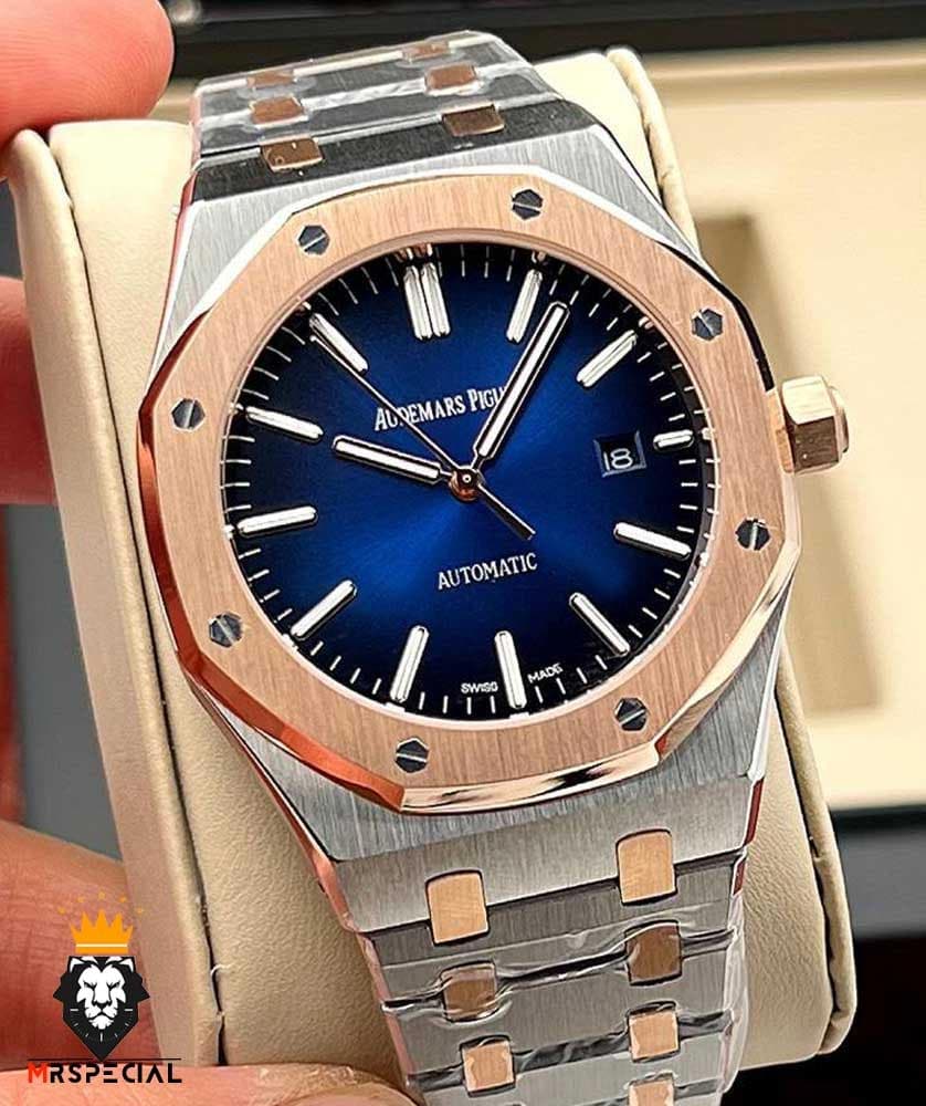 ساعت مچی مردانه اودمار پیگه اتوماتیک دو رنگ رزگلد صفحه ابی AUDEMARS PIGUET ROYAL 0960 — تصویر ۳