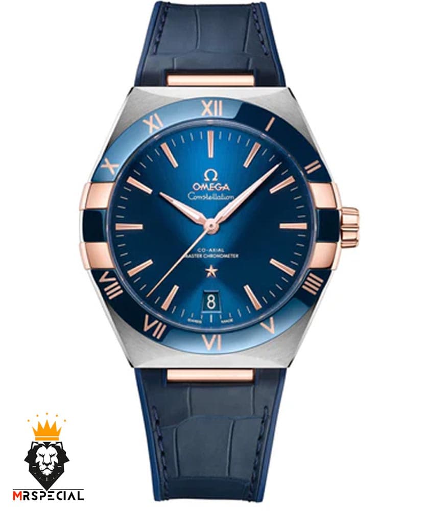 ساعت مچی مردانه امگا کانسلیشن اتوماتیک بند چرم استیل رزگلد صفحه ابی OMEGA CONSTELLATION 00924