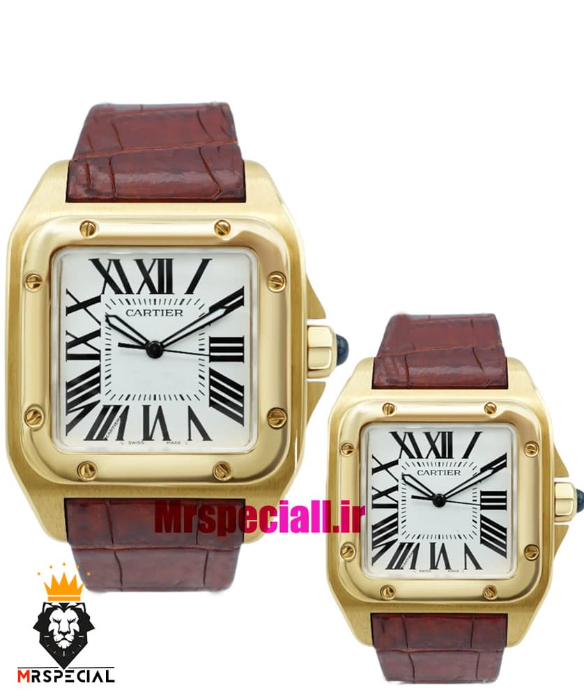 ساعت ست کارتیه سانتوس بند چرم قهوه ای قاب طلایی صفحه سفید CARTIER SANTOS100 0873 — تصویر ۲