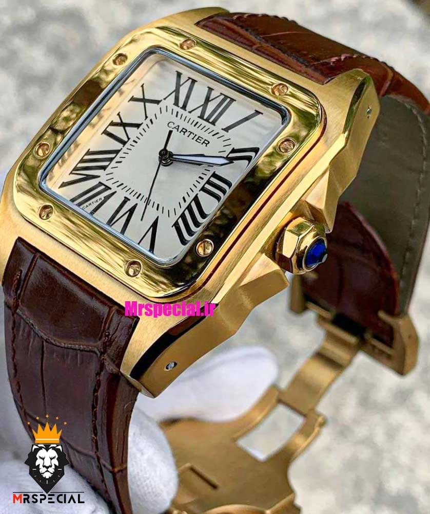 ساعت ست کارتیه سانتوس بند چرم قهوه ای قاب طلایی صفحه سفید CARTIER SANTOS100 0873 — تصویر ۳