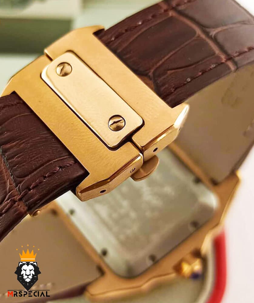 ساعت ست کارتیه سانتوس بند چرم قهوه ای قاب طلایی صفحه سفید CARTIER SANTOS100 0873 — تصویر ۵