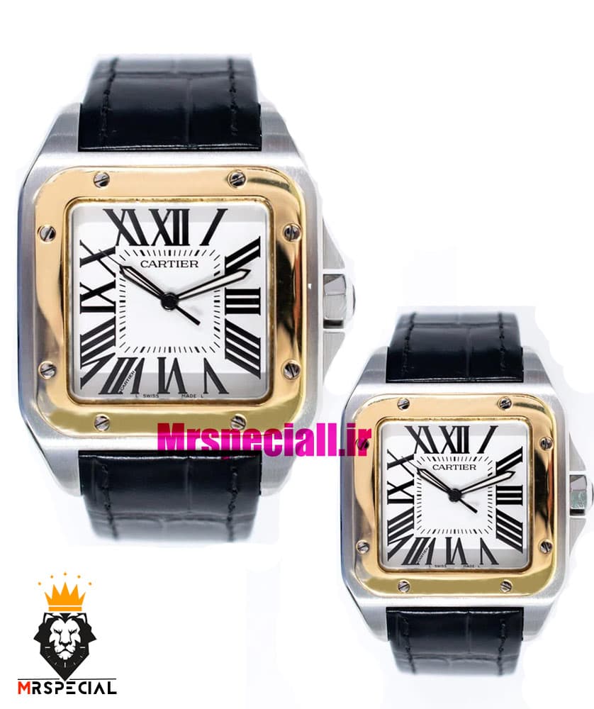 ساعت ست کارتیه سانتوس بند چرم قهوه ای قاب طلایی صفحه سفید CARTIER SANTOS100 0873 — تصویر ۶