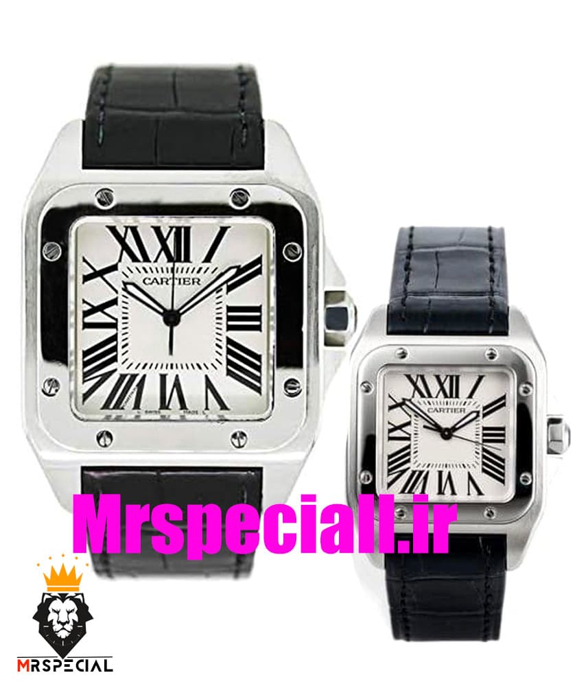 ساعت ست کارتیه سانتوس بند چرم قهوه ای قاب طلایی صفحه سفید CARTIER SANTOS100 0873 — تصویر ۷