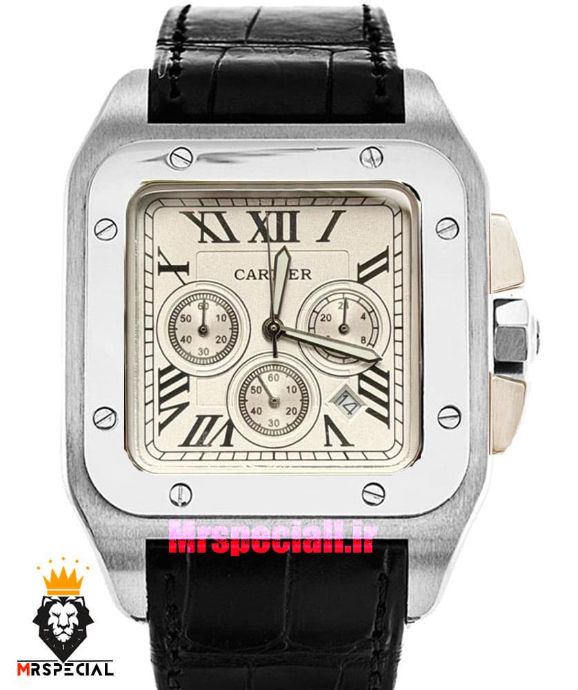 ساعت ست کارتیه سانتوس بند چرم قهوه ای قاب طلایی صفحه سفید CARTIER SANTOS100 0873 — تصویر ۱۰