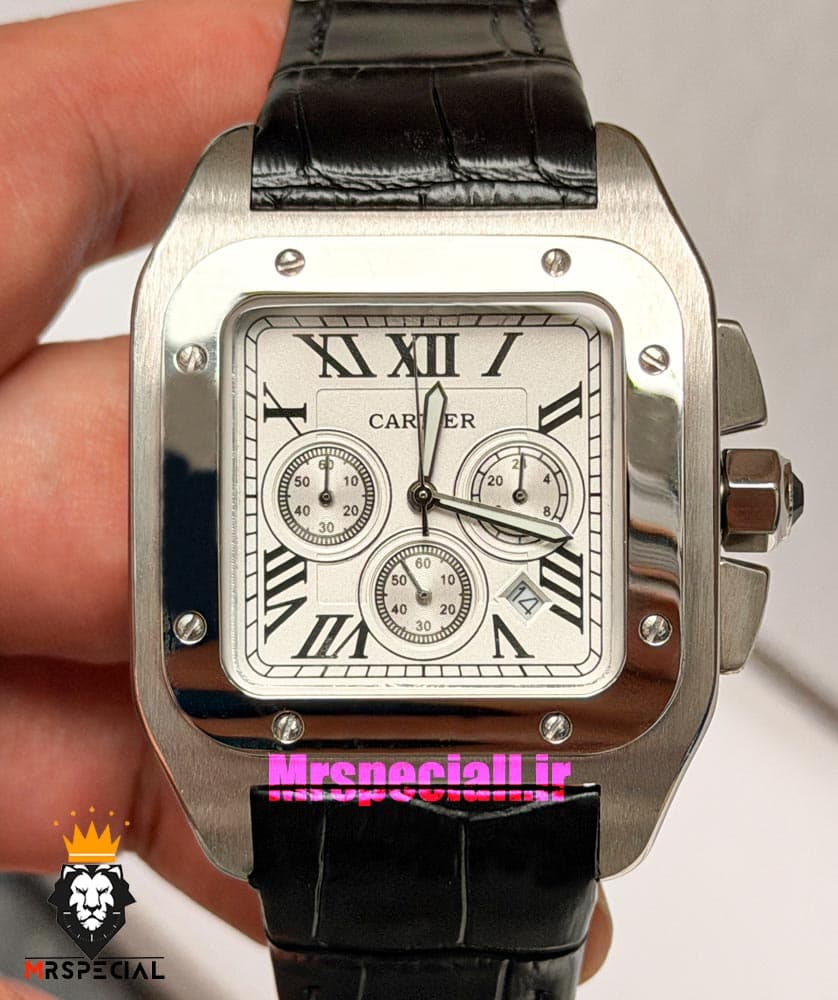 ساعت ست کارتیه سانتوس بند چرم قهوه ای قاب طلایی صفحه سفید CARTIER SANTOS100 0873 — تصویر ۱۱