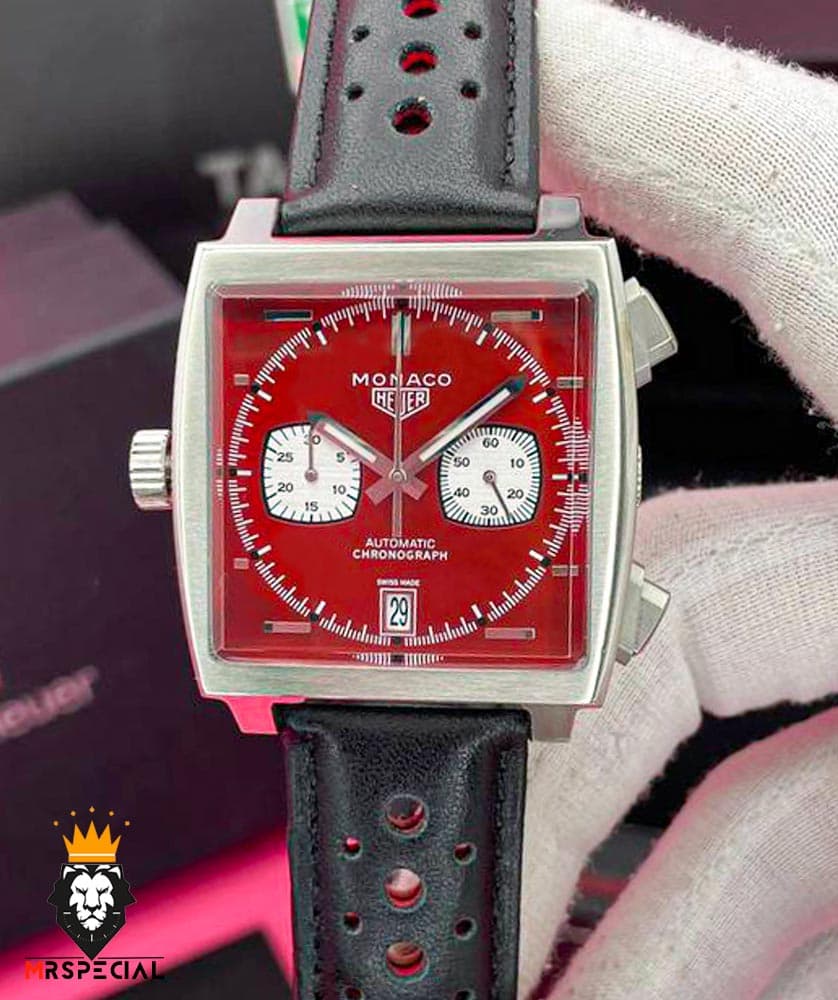 ساعت مچی مردانه تگ هویر موناکو کرنوگراف بند چرم صفحه قرمز 0868 TAG HEUER MONACO — تصویر ۳