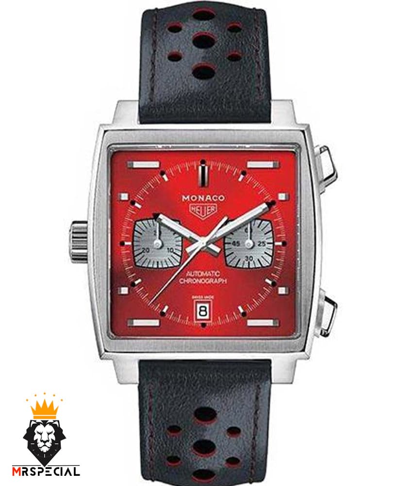 ساعت مچی مردانه تگ هویر موناکو کرنوگراف بند چرم صفحه قرمز 0868 TAG HEUER MONACO