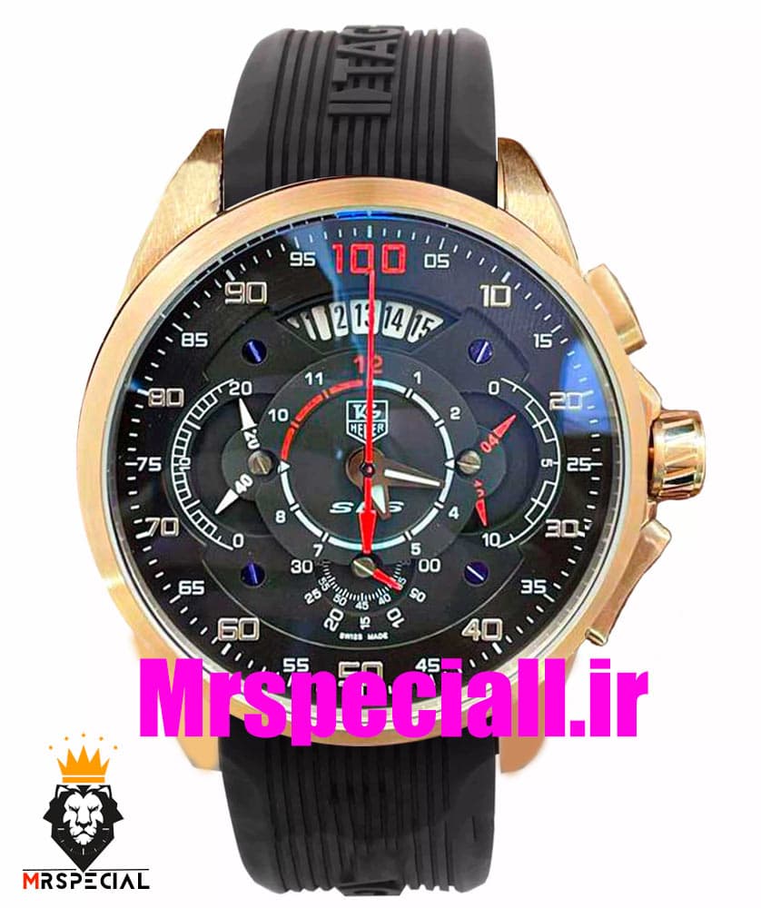 ساعت تگ هویر مردانه مرسدس بنز کرنوگراف رزگلد بند رابر صفحه مشکی TAG HEUER Grand Carrera SLS 0829