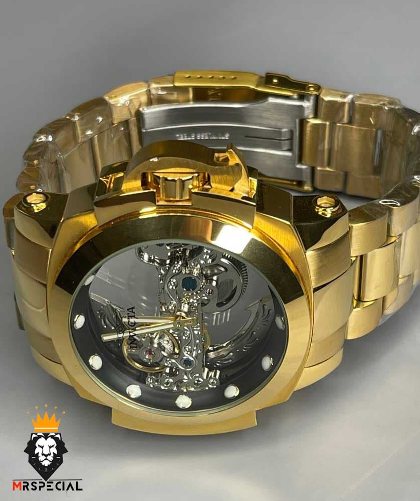 ساعت اینویکتا مردانه اتوماتیک طلایی صفحه شیشه ای اسکلتون زه مشکی 0213 INVICTA Automatic — تصویر ۵