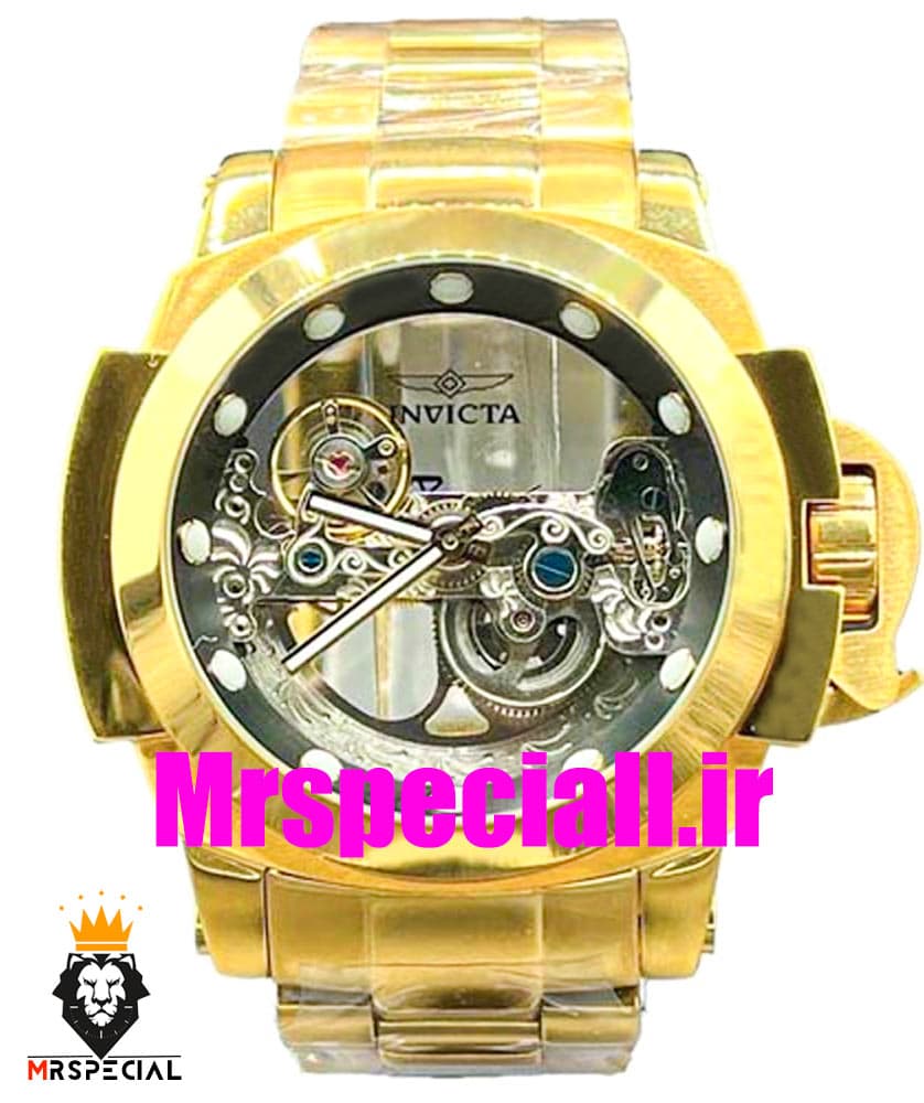 ساعت اینویکتا مردانه اتوماتیک طلایی صفحه شیشه ای اسکلتون زه مشکی 0213 INVICTA Automatic